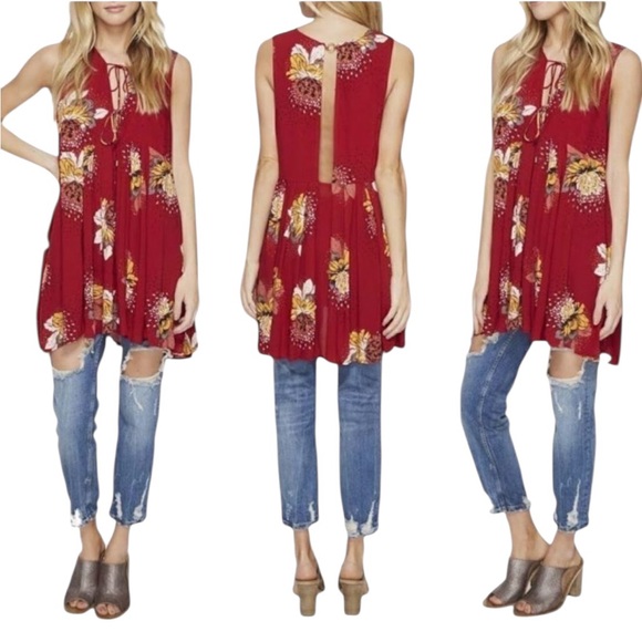 Free People Lovely Day Floral Print Mini Tunic Dress L Red Boho Tie Front Boxy - Picture 2 of 15